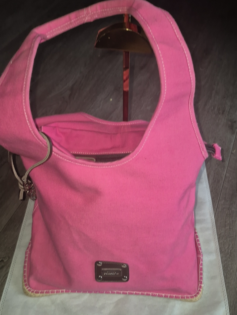 Saldarini Pink Canvas Shoulder Bag with Metal Logo Plate